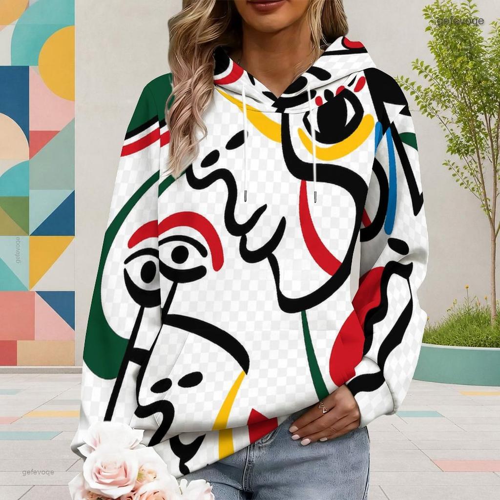 Women s Plus Size Long Sleeve Drawstring Hoodie Geometric Leaf Printed Pullover With Kangaroo Pocket