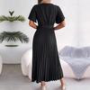 Elegant Summer Maxi Dress V Neck Short Sleeve Solid Color Pleated Long Dress Women Fashion Spring Summer Sizes S XL
