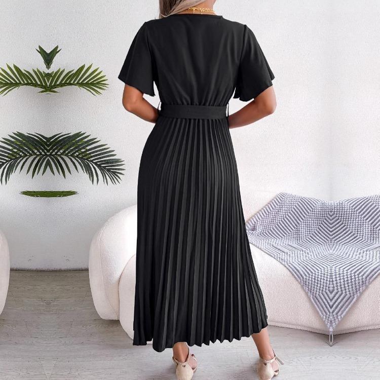 Elegant Summer Maxi Dress V Neck Short Sleeve Solid Color Pleated Long Dress Women Fashion Spring Summer Sizes S XL