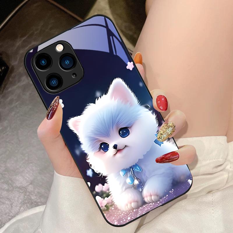 Cute Little Dog Green For IPhone 16 Pro Max 15 Pro 14 13 12 Mini 11 XS Max XR 7 8 Plu SE 2022 Tempered Glass Phone Case