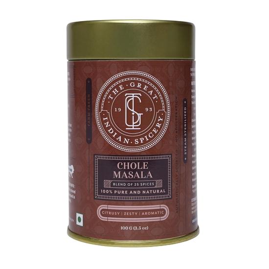 

The Great Indian Spicery | Чоле Масала | Жестяная банка 100 г – Фермерская свежесть, Аутентичный, Нефальсифицированный – Цитрусовая, Пикантная и Ароматная смесь