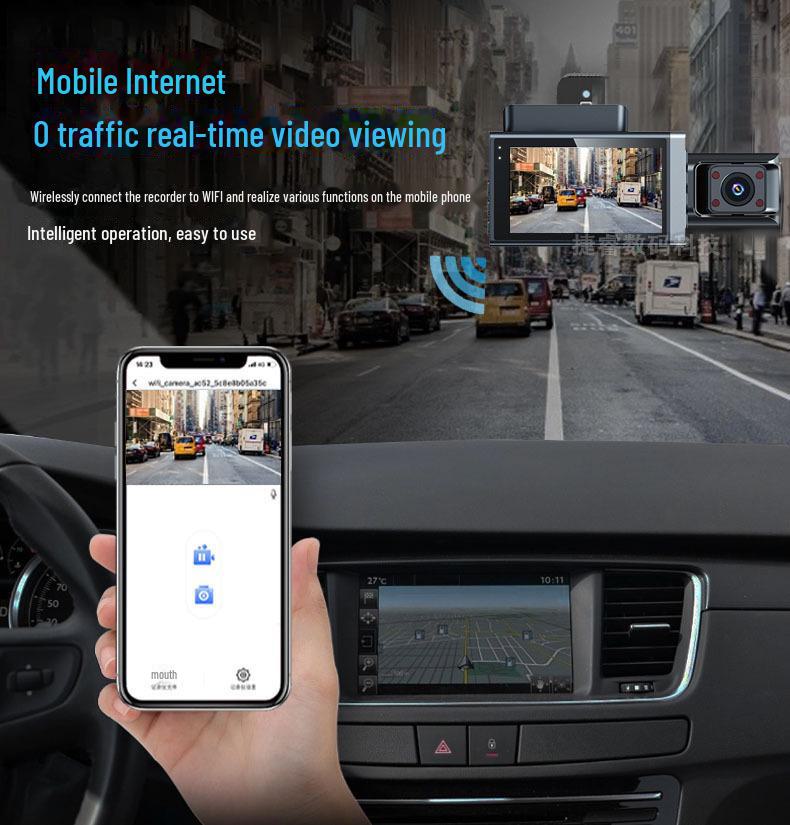 Dash Cam WiFi HD da 3 pollici con visione notturna e tripla lente per registrazione anteriore, interna e posteriore