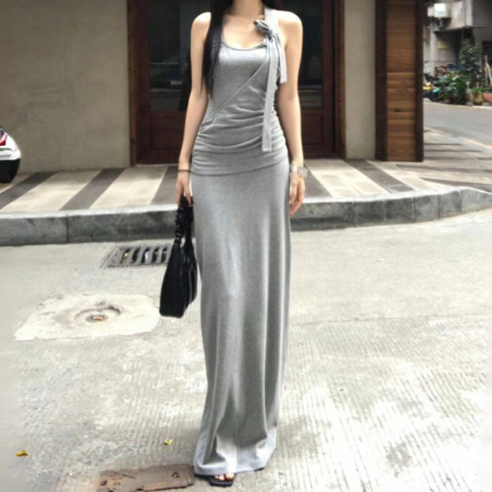 

Summer new unique purple sleeveless neck sling long dress women s niche slim-fitting design dress XL сірий колір