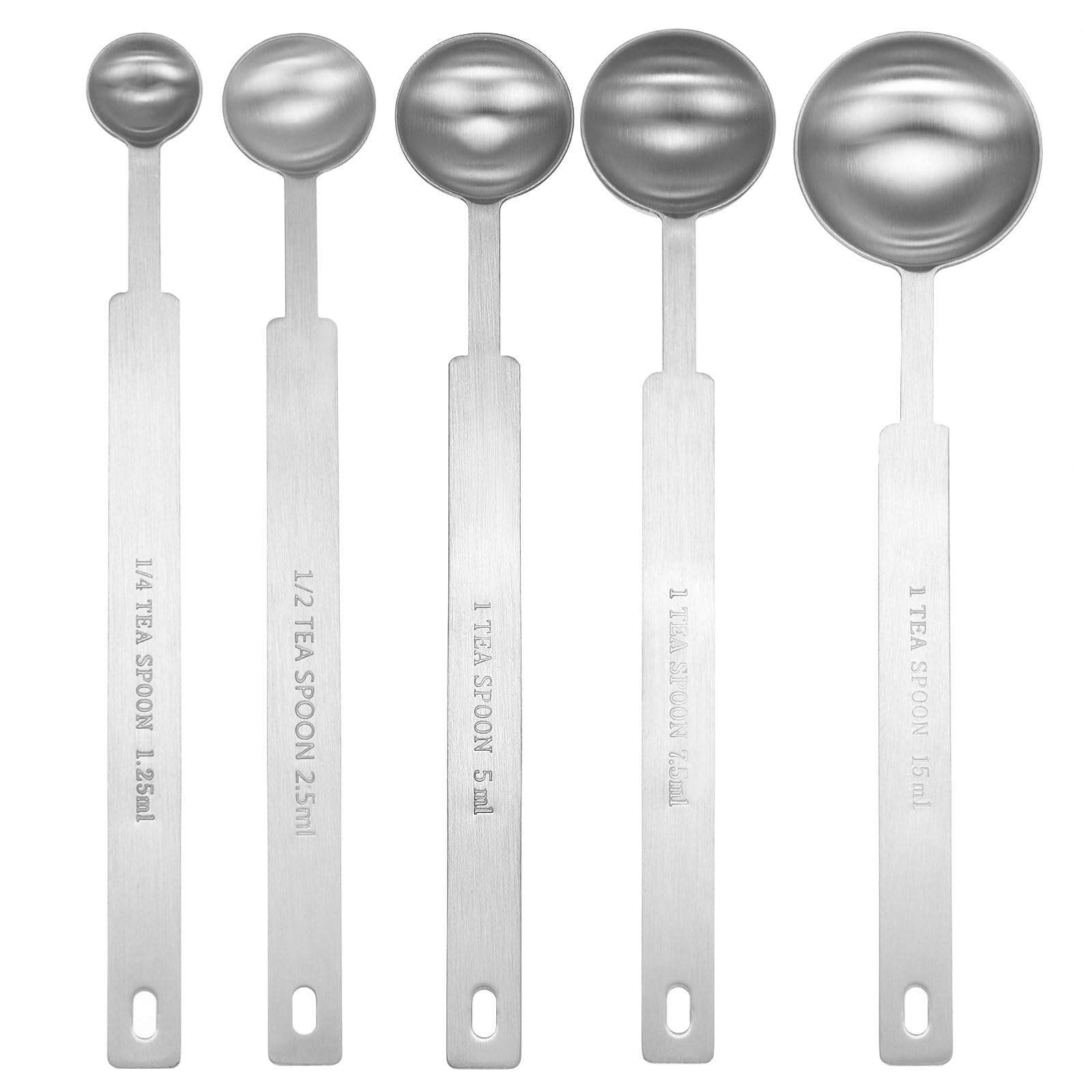 

uxcell 5-Piece Measuring Spoon Set, 14 tsp, 12 tsp, 1 tsp, 1.5 tsp, 3 tsp (1.25 ml, 2.5 ml, 5 ml, 7.5 ml, 15 ml) - 430 Stainless Steel Single