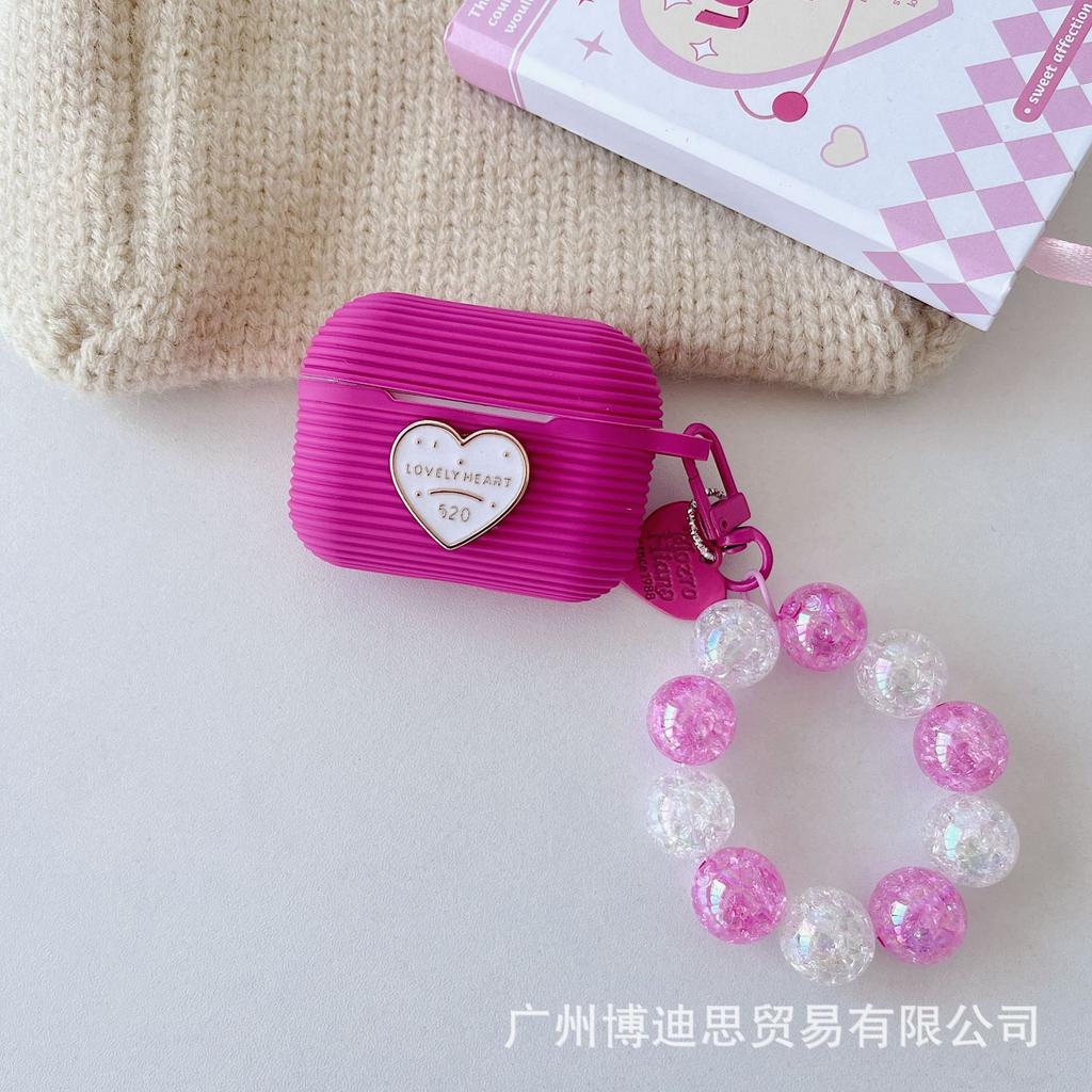 New Apple Silicone Horizontal Stripe Earphone Case Small Fresh Hand Beads + Silicone AirPods Pro1 Love + Hand Beads