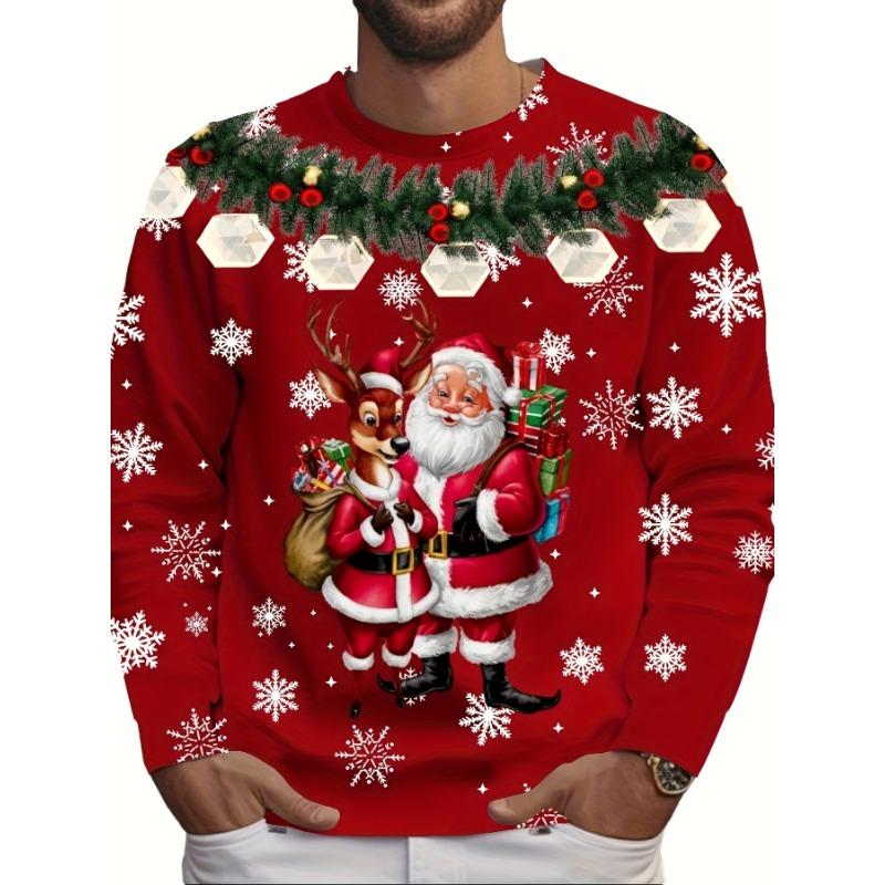 Camisetas de manga larga con estampado 3D de Papá Noel para hombre, camisetas con estampado de Papá Noel para fiesta de Navidad, moda informal para hombre, cuello redondo, manga larga