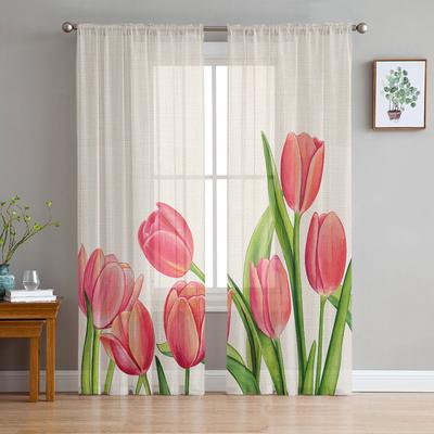 Cortinas transparentes de tul con flores para el Día de la madre, tulipanes de primavera, decoración hogareña cocina para sala de estar, cortinas transparentes para ventana de dormitorio