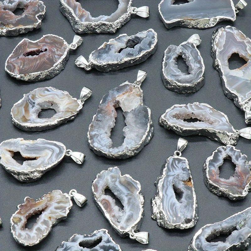 Natural Agate Geode Crystal Pendant Necklace for Women Irregular Raw Mineral Silice Agat Quartz Pendulum Jewelry Healing Crystal