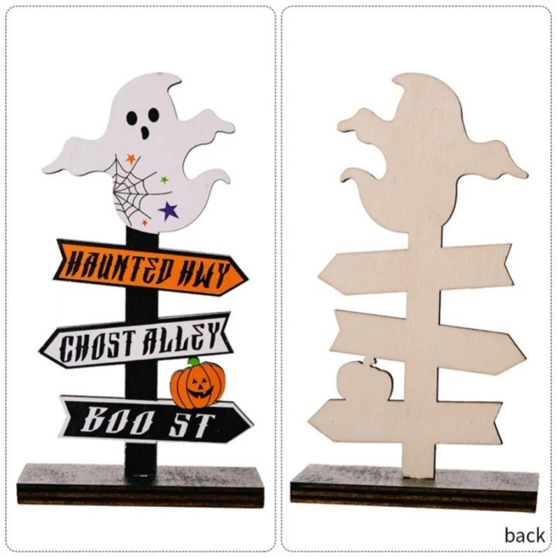 Halloween Wooden Tabletop Directional Sign Ghost Pumpkin Bat Freestanding Table Ornament Spooky Centerpiece Decor for Dining Table Party Holiday Gift