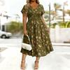 Women’s Short Sleeve V Neck Floral Print Midi Dress with Cross Pleated Waist and A Line for Casual Wear
