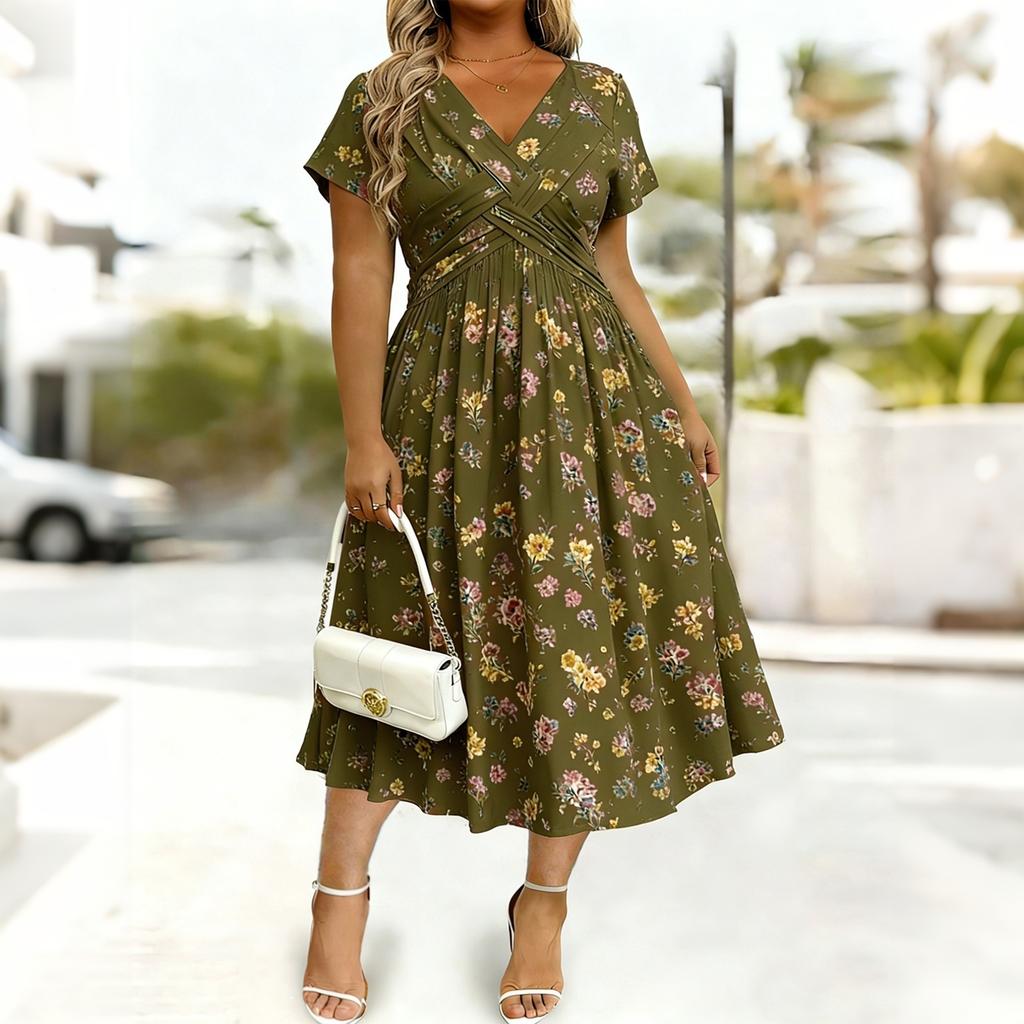 Women’s Short Sleeve V Neck Floral Print Midi Dress with Cross Pleated Waist and A Line for Casual Wear
