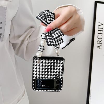 Elegante Funda de Cuero PU con Lazo de Pata de Gallo para Samsung Galaxy Z Flip 3 4 5g Cubierta con Pulsera de Cuentas Portátil