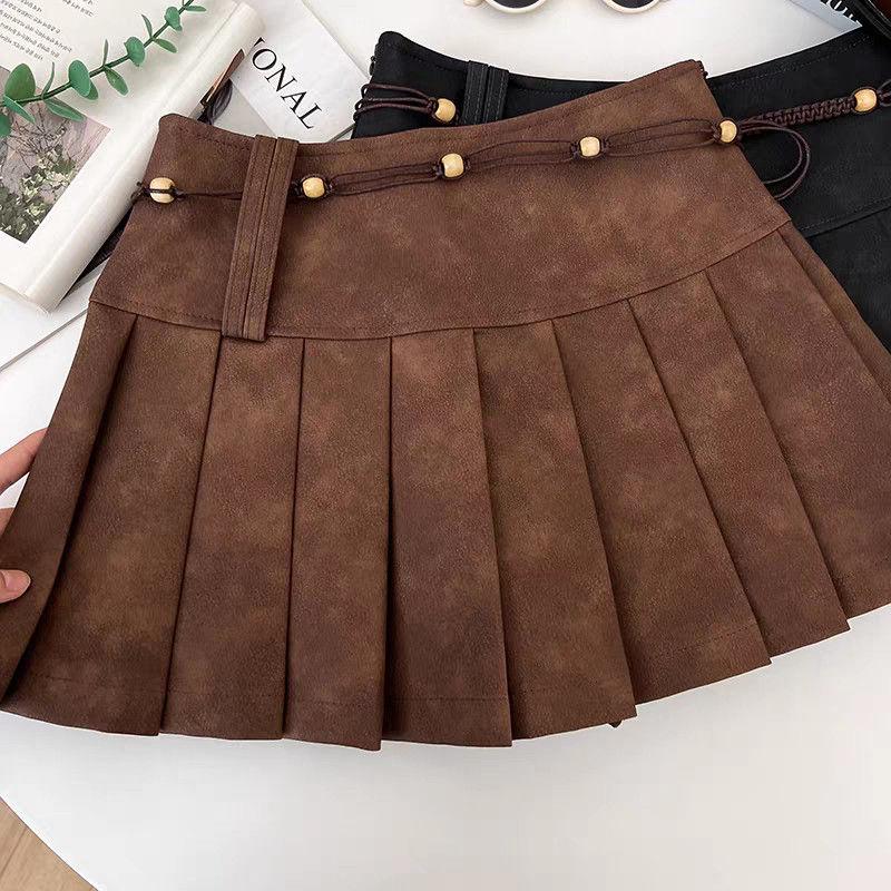 Retro Pleated Skirt Brown High Waist A Line Mini Skirt Vintage Style