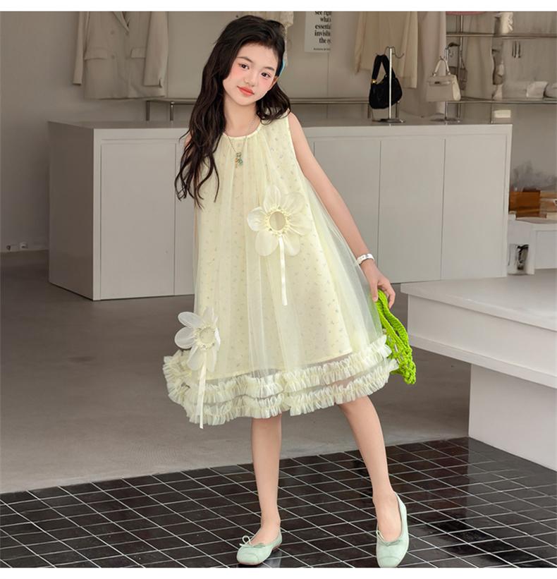 Girls' Summer Sweet Flower Dress Yarn Skirt 2026 New Mid To Large Girls' Princess Skirt Medium To Long Tank Top Skirt