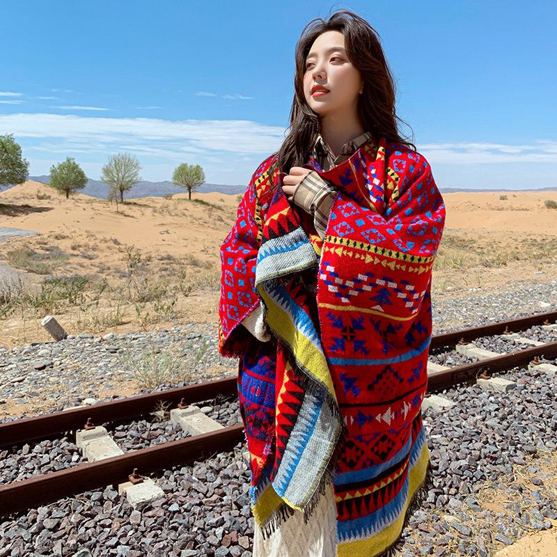Travel large shawl women's imitation cashmere with double-sided cape geometric pattern fringe air-conditioning room cape summer