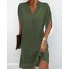 Women's Pleated V Neck Batwing Sleeve Loose Fit Solid Color Casual Tunic Midi Dress