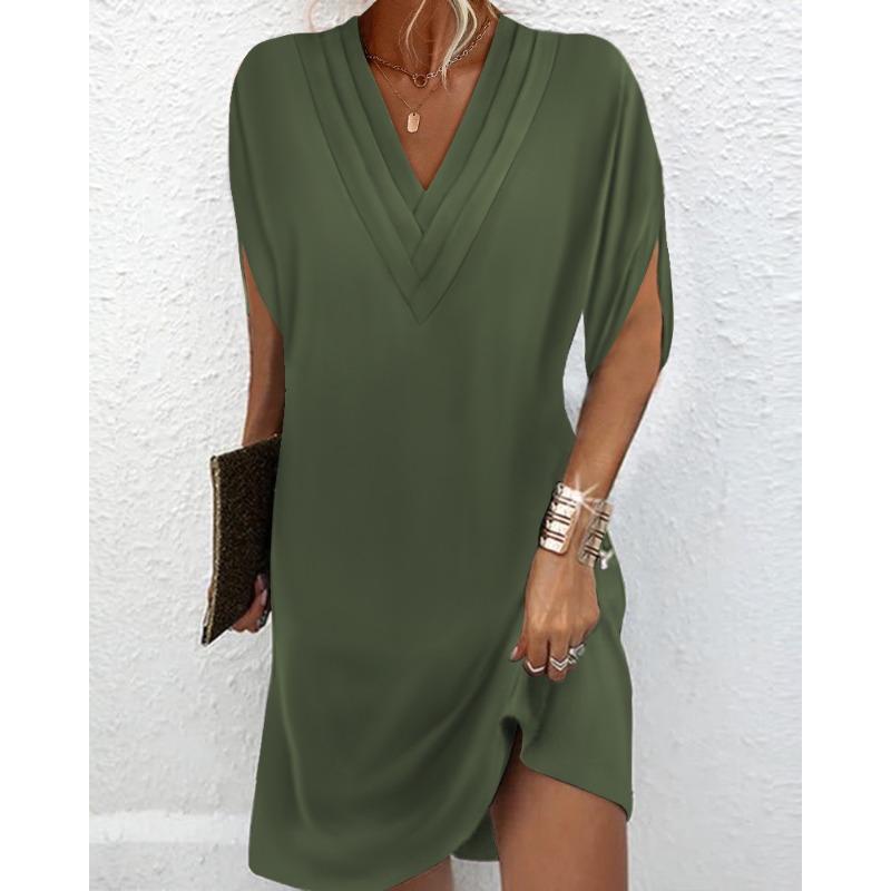 Women's Pleated V Neck Batwing Sleeve Loose Fit Solid Color Casual Tunic Midi Dress