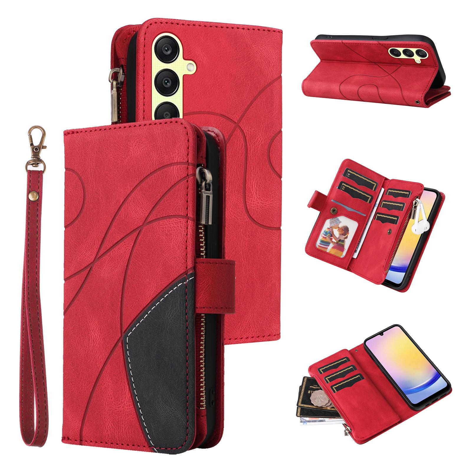 

Для Samsung Galaxy A25 5G (Глобальный) Кожаный чехол с ремешком, молнией, 9 отделениями для карт, чехол для телефона, подставка Red