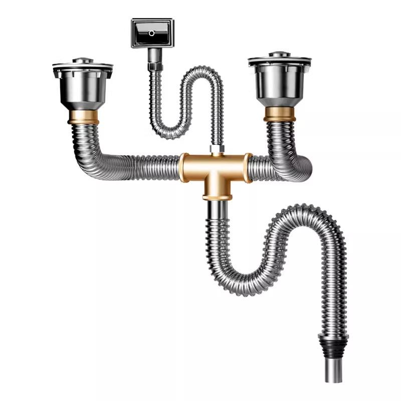 Stainless Steel Double Bowl Kitchen Sink Drain Pipe Set with Anti-odor Feature