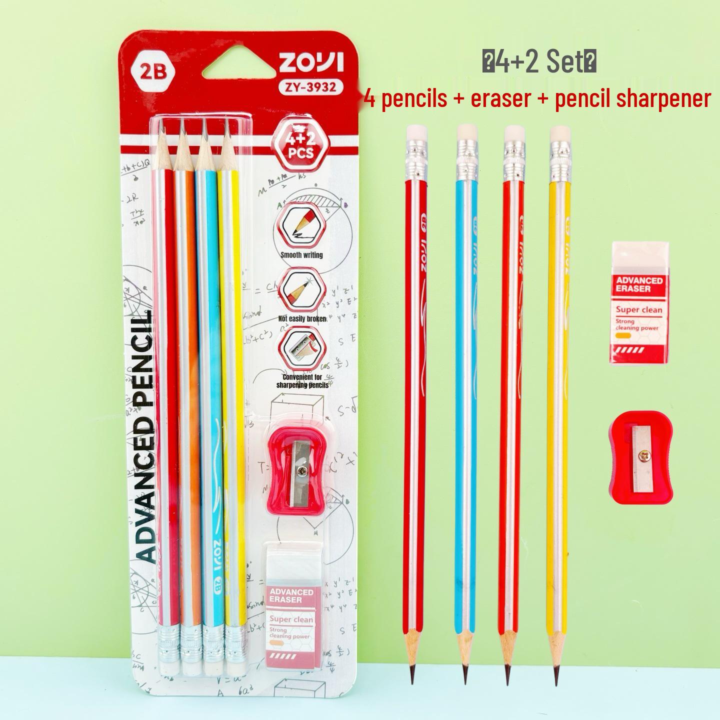 Triangular & Hexagonal 2B Pencils Set - English Edition for Children, Ideal for Primary School Students (4+2) 4+2 Pencil Set