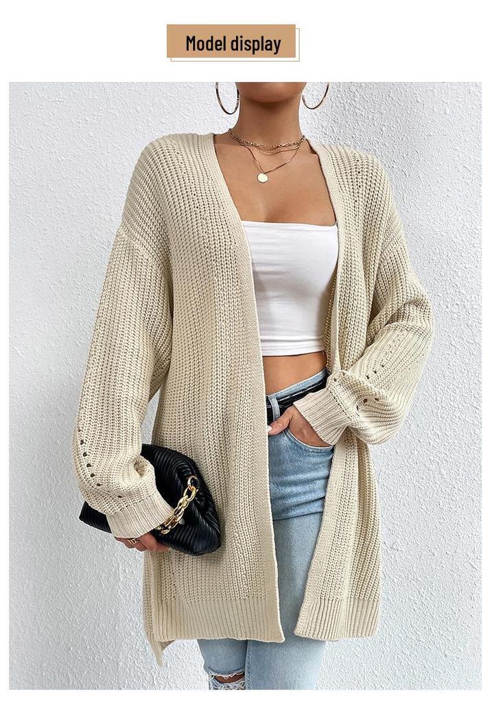 2025 Autumn/Winter Loose V-Neck Mid-Length Knit Cardigan - Solid Color