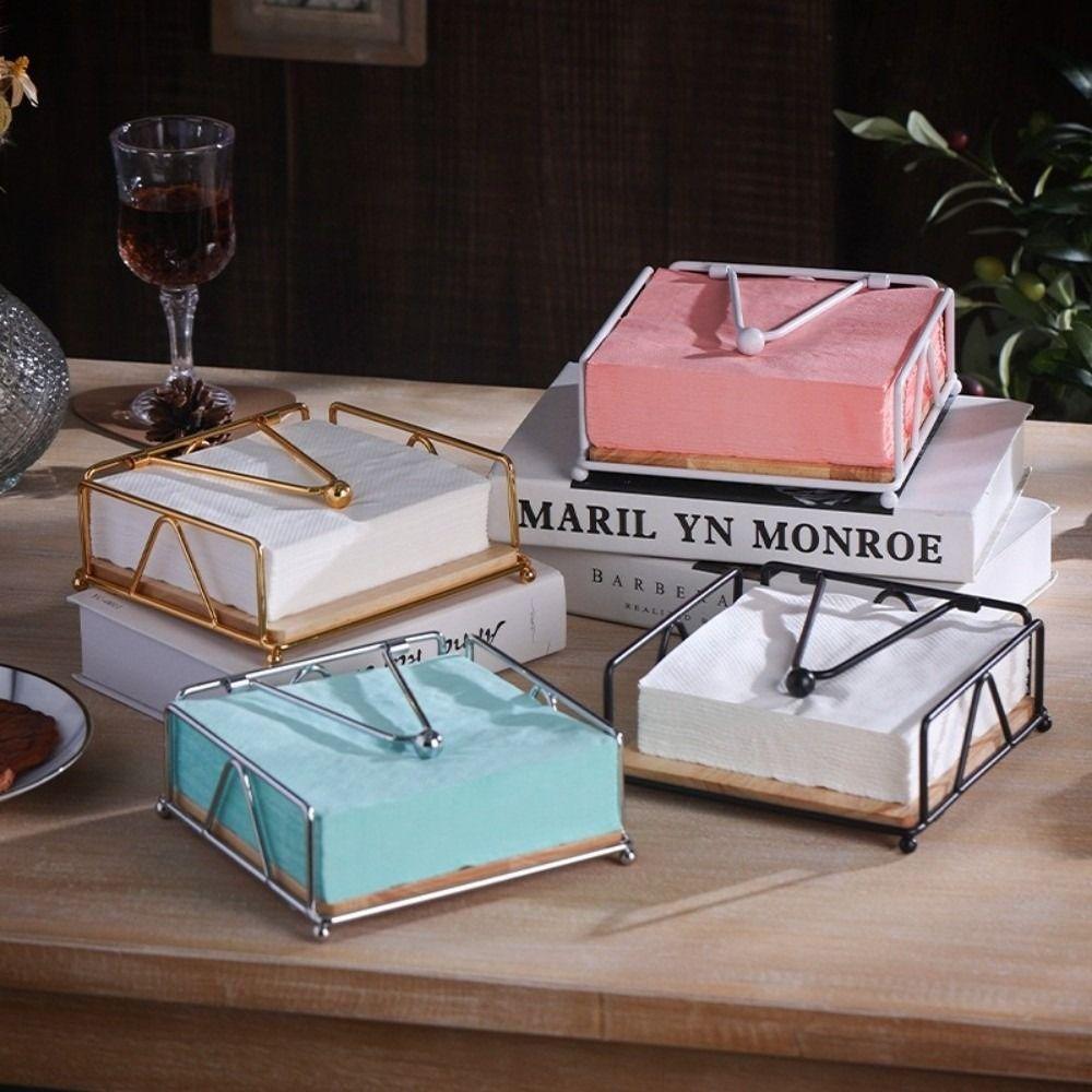 Wooden Base Flat Napkin Holder Metal Serviette Holder Reusable Tissue Organizer  Restaurant