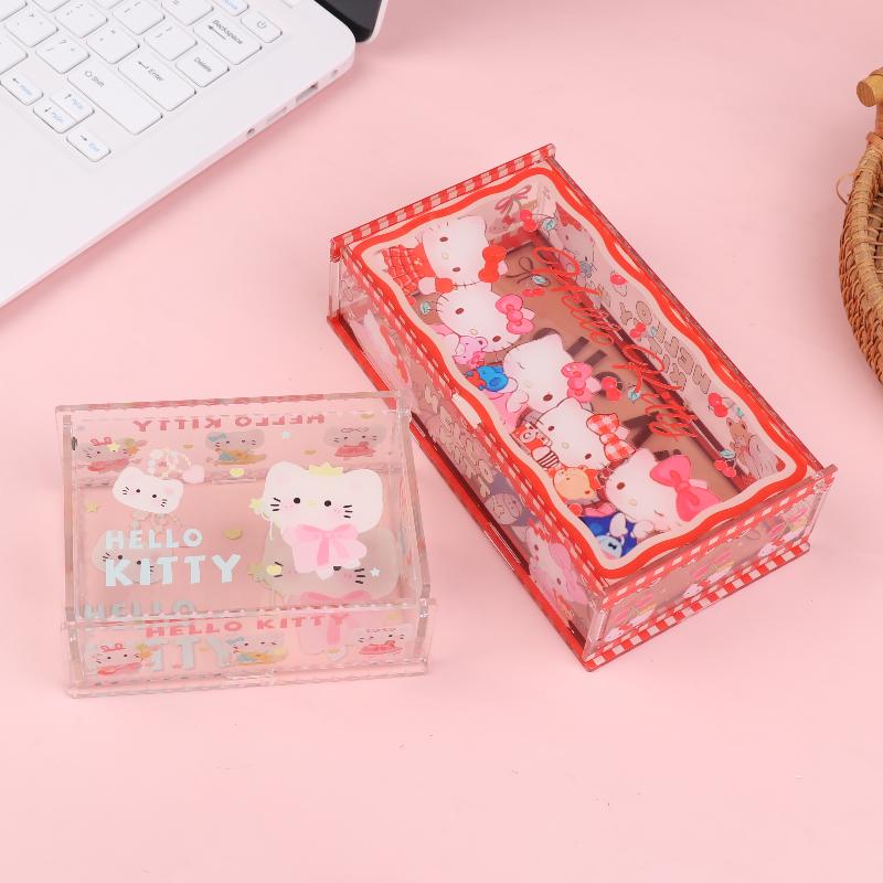 Hello Kitty Storage Box Cute Acrylic Flip Desktop Storage Box Dust-Proof Ornaments Removable Home Decora