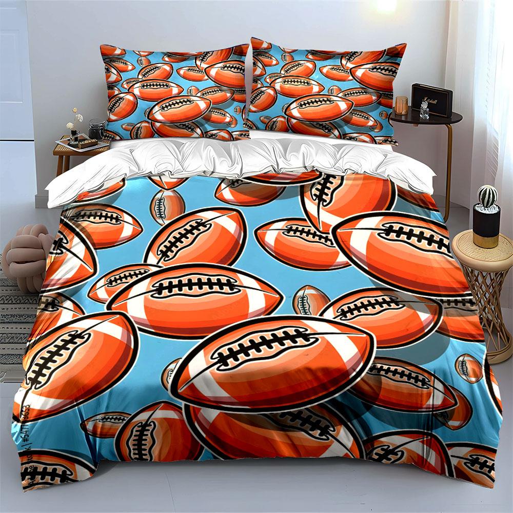 3Pcs Football Bedding Set, Cartoon American Football Pattern Print Duvet Cover + 2 Pillowcases, Sports Fan Decor, Great Gifts