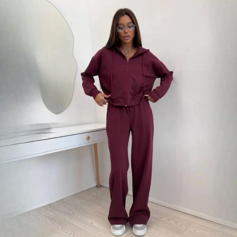 Sportswear Women's Solid Color Long Sleeve Zippered Cardigan Hooded Sweatshirt Lace-up Trousers Two-piece Set