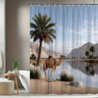 1pc Desert Scenery Camel Shower Curtain - 70.8x70.8 Inch, Durable Polyester Fabric with 12 Hooks, Washable & Dry Cleanable