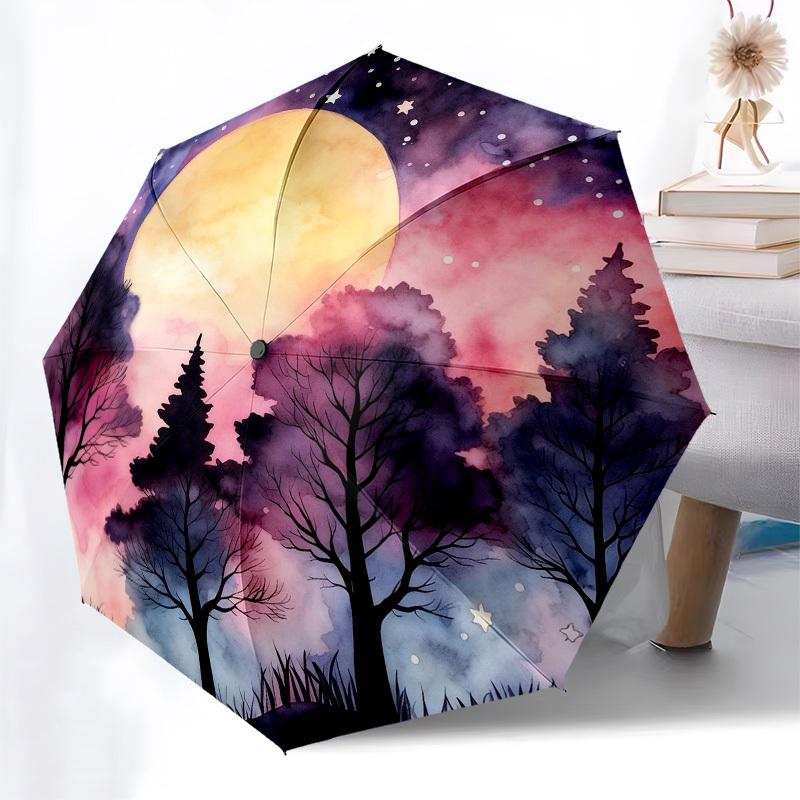1pc Moonlit Forest Automatic Folding Umbrella, Heavy Duty 8 Rib Iron Frame,  Suitable for Travel, Daily Use, Birthday, Decor Gift m0105122