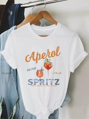 Casual Top for Summer & Spring Women's Clothing Aperol Spritz Letter Print T-shirt Sleeve Crew Neck Short Sleeve Tops Tees