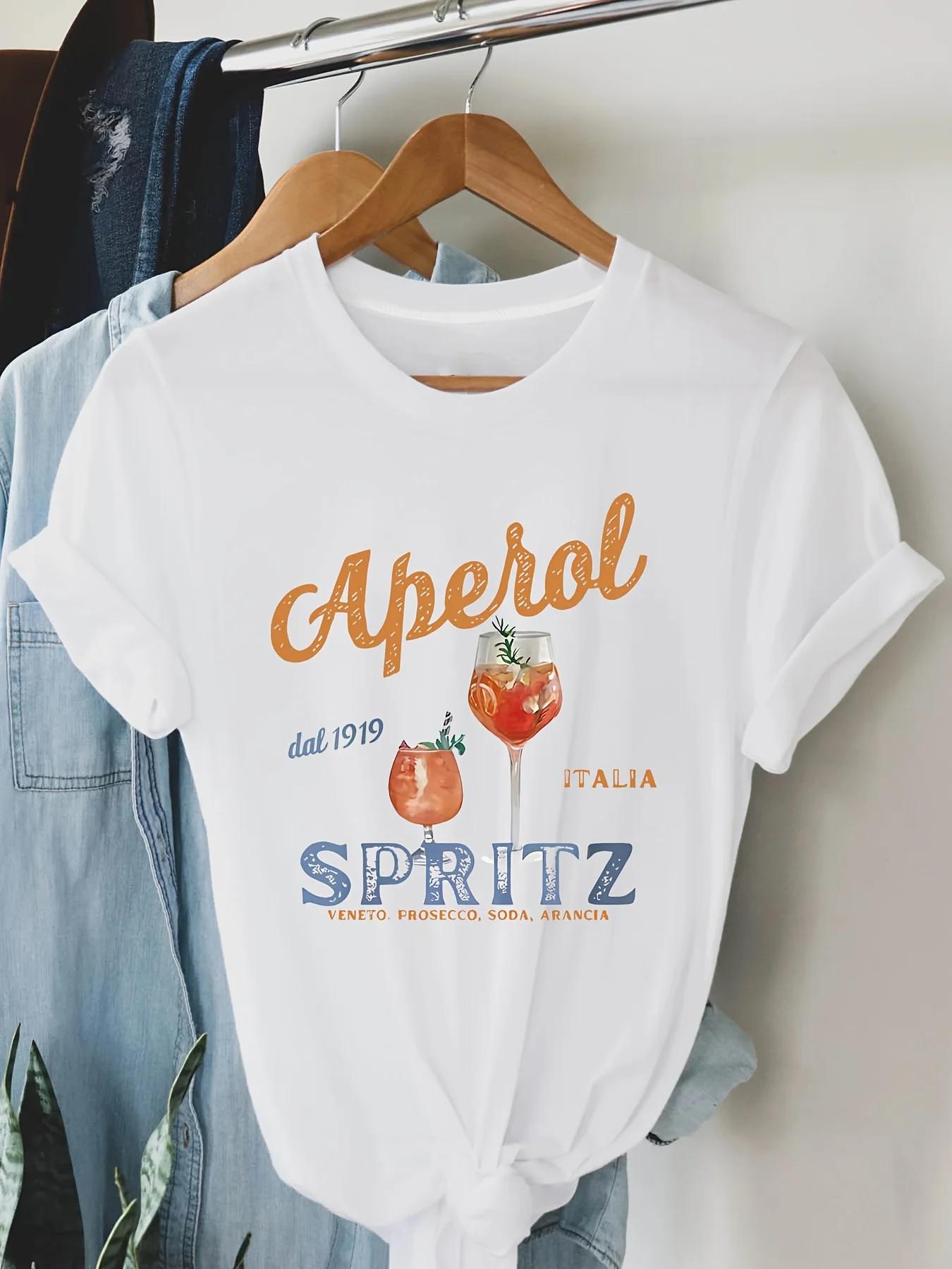 

Casual Top for Summer & Spring Women s Clothing Aperol Spritz Letter Print T-shirt Sleeve Crew Neck Short Sleeve Tops Tees S