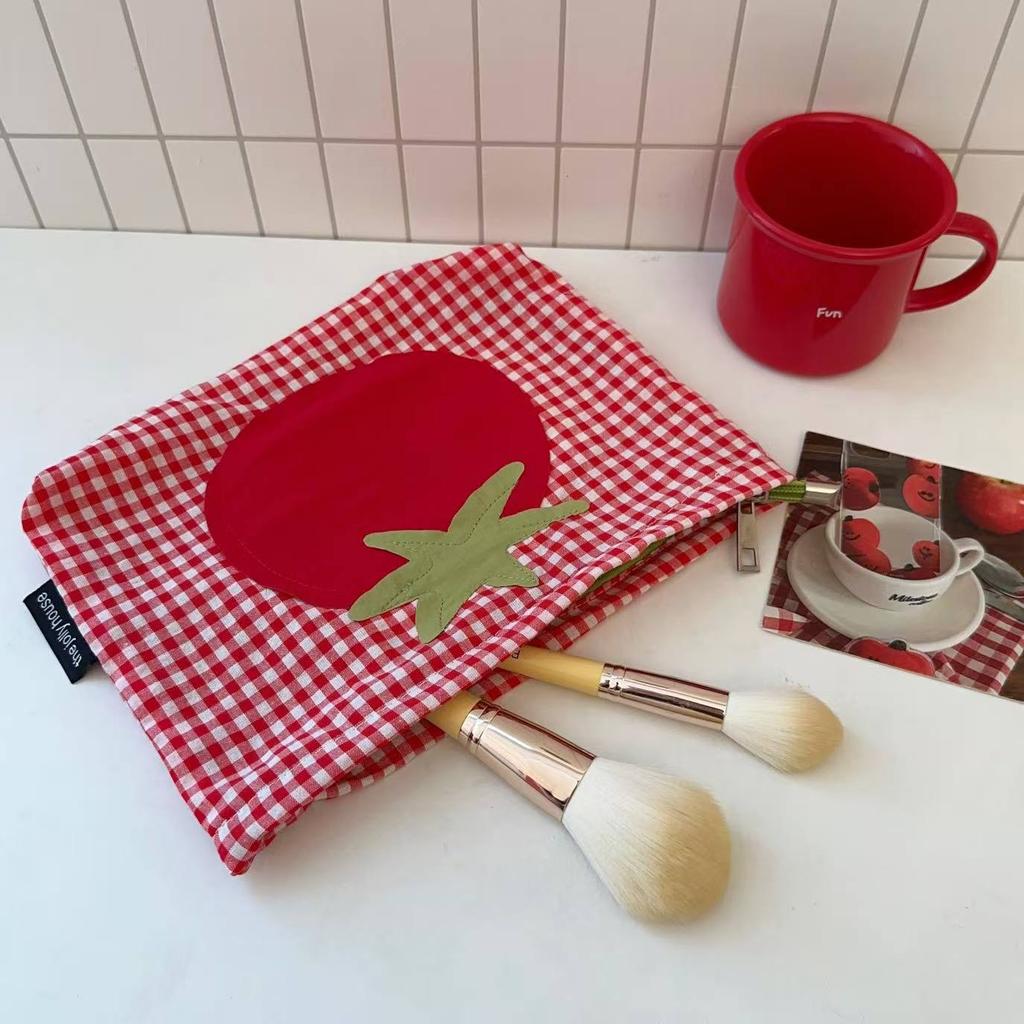 Red Grid Tomato Pattern Makeup Bag Lipstick Earphones Bag Portable Travel Pouch Lightweight Makeup Storage Organizer For Women