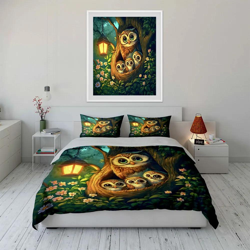 Cute Owl Family Decorative Set Bedding Set with 1 Duvet Cover 2 Pillowcases Single Double King Queen Gift