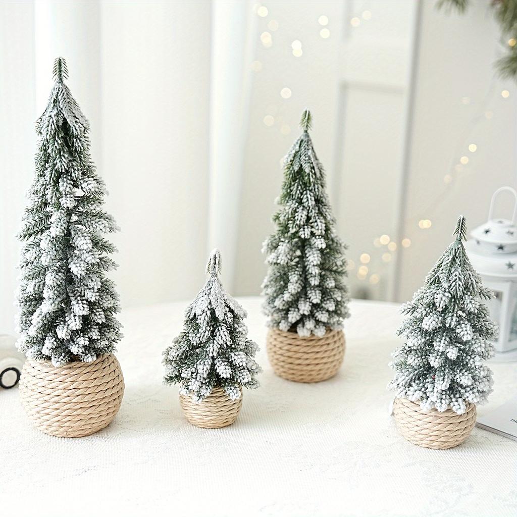4pcs Set of Artificial Mini Christmas Tree,  Hemp Rope Bottom Basin Christmas Tree, Suitable for Home Desktop Decoration At Christmas