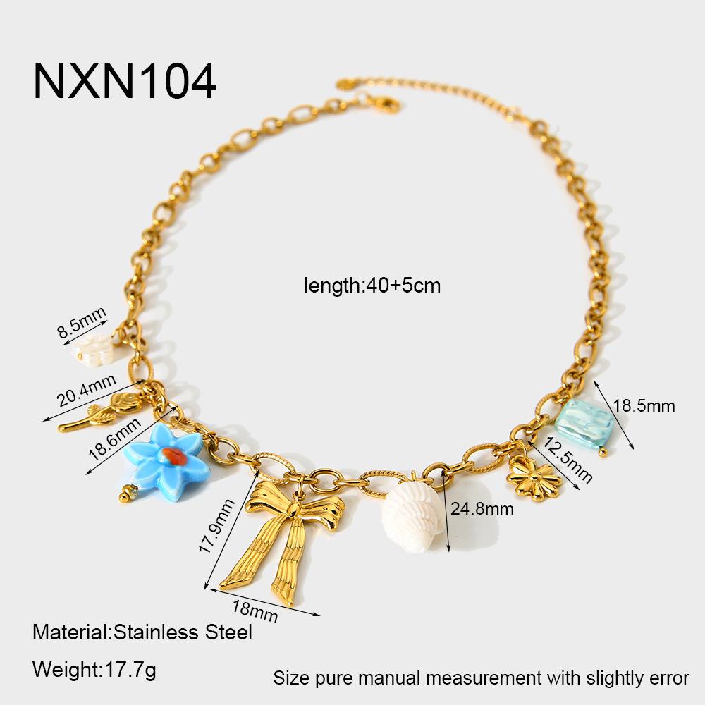 European and American Beach Vacation Wind Conch Bow Flower Fringed Pendant Necklace Stainless Steel Plated 18k Jewelry