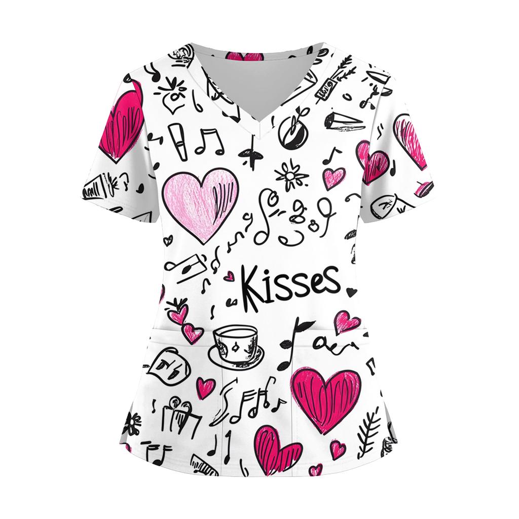 Damenmode V-Ausschnitt Kurzarm Overalls mit Taschen Print Tops Kleidung