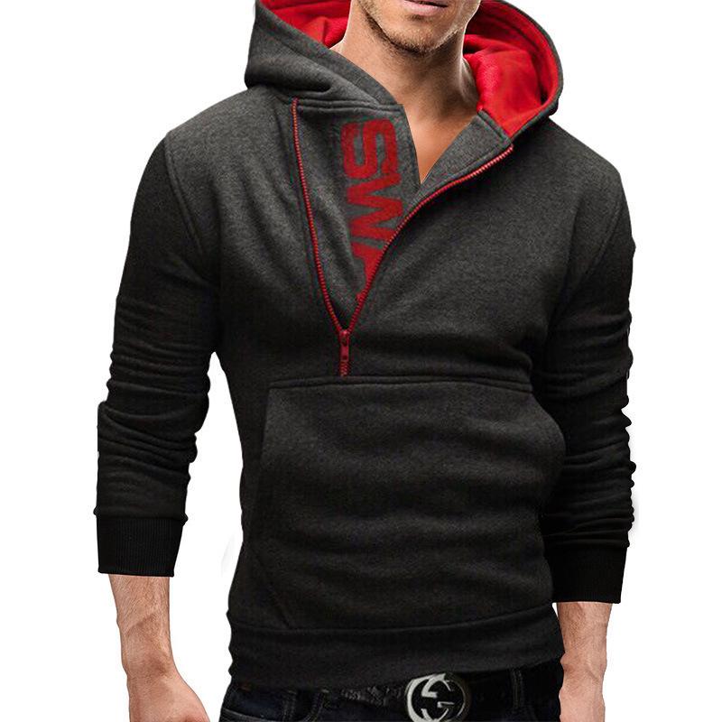 2024 Men's Black Color Block Pullover Hoodie with Side Zipper