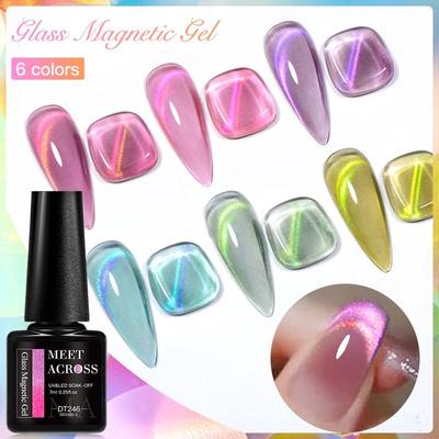 MEET ACROSS 7ml Glass Cat Eye Magnetic Gel Glitter Colorful Laser Gel Nail Polish Semi Permanent Shiny Varnish UV Gel for Nail Art Design