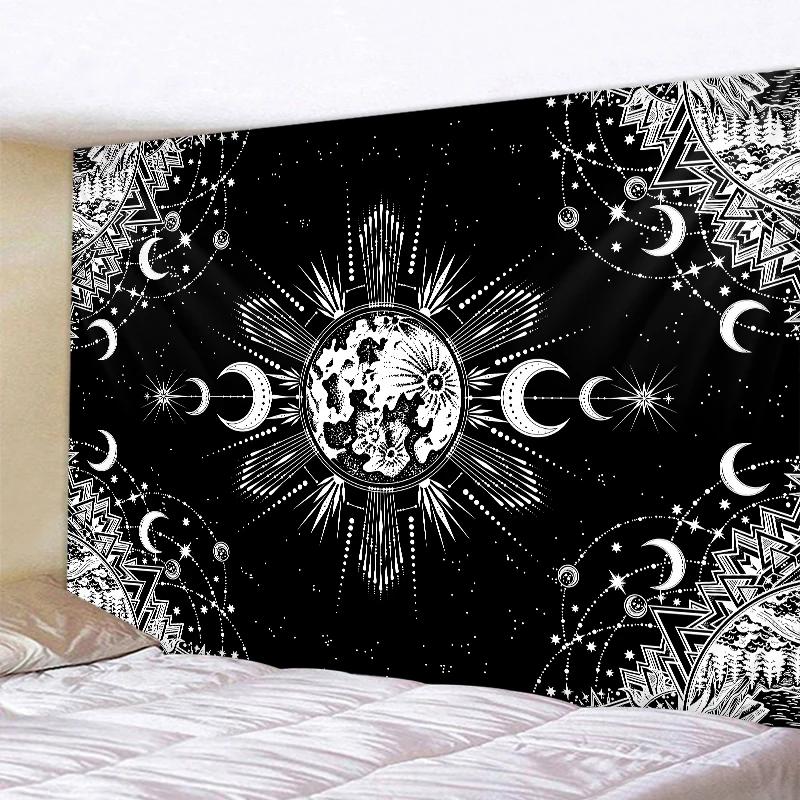 Black and White Moon Mandala Tapestry Bohemian Decoration Wall Hanging Bedroom Psychedelic Scene Starlight Art Home