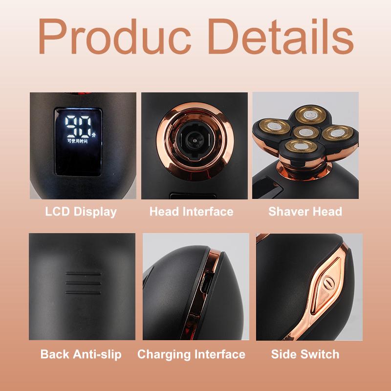 4D 5 Head Electric Men Bald Shaver Waterproof Razor Cordless Beard Hair Trimmer Clipper [with LCD Battery Display]