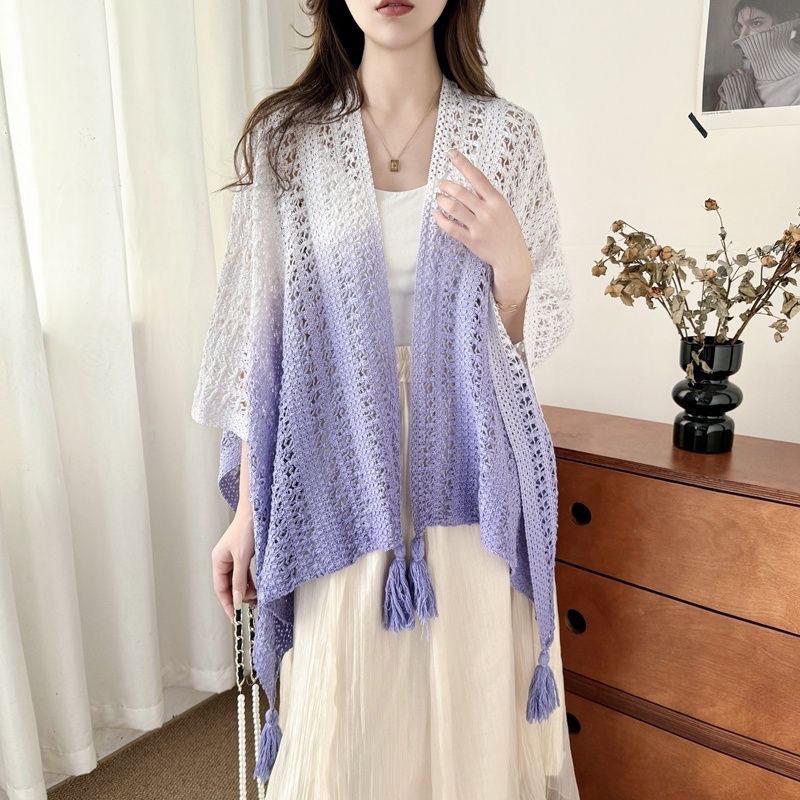 Gradient Tie-Dye Ethnic Shawl Cape - Knitted Women's High-End Travel Outerwear
