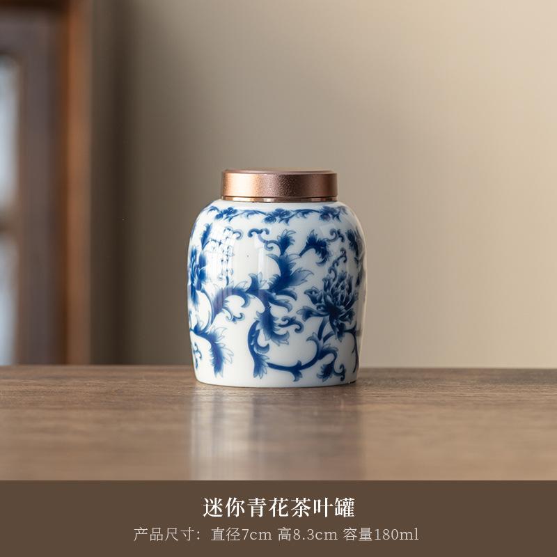 

Creative Alloy Lid Sealed Jar Blue Floral Vine Pattern Ceramic Tea Canister Portable Storage Jar Food Container Craft Decoration