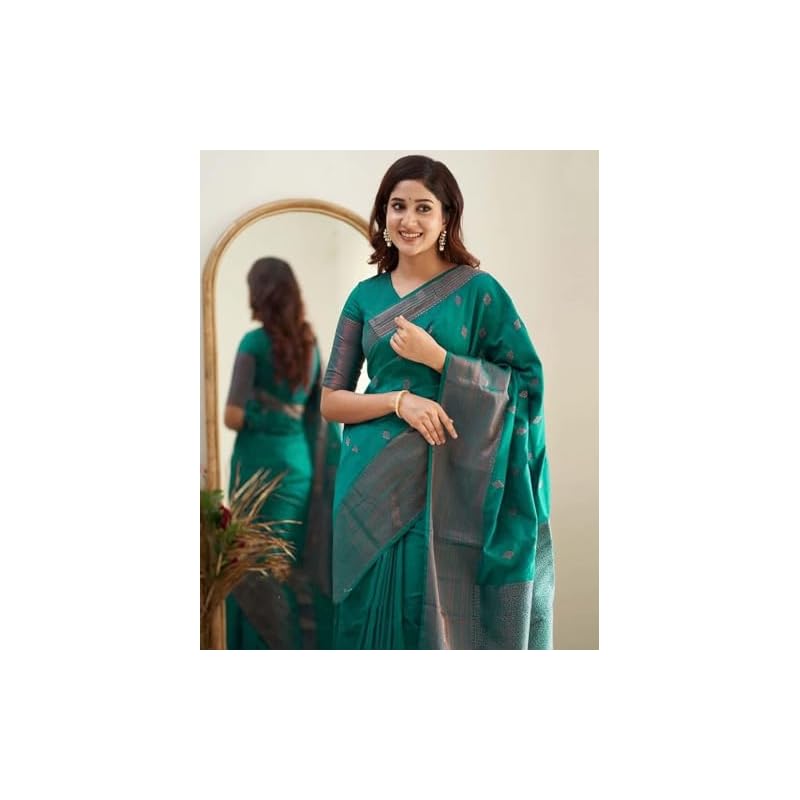 Yashika Women s Banarasi Kanjivaram Cotton Silk Jaquard Saree Printed Saree With Unstitched Blouse Material - Suitable F Free Size зелёный