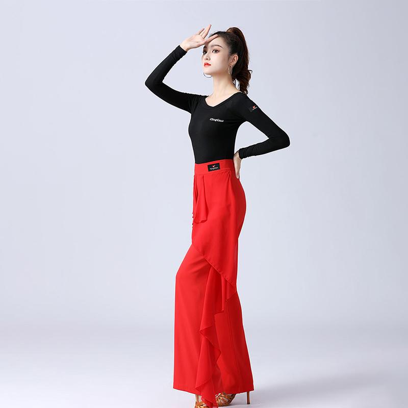 Latin Dance Pants Modern Dance Women High Waist Ruffle Wide Pants Ballroom Tango Samba Trousers Performance Practice Costume