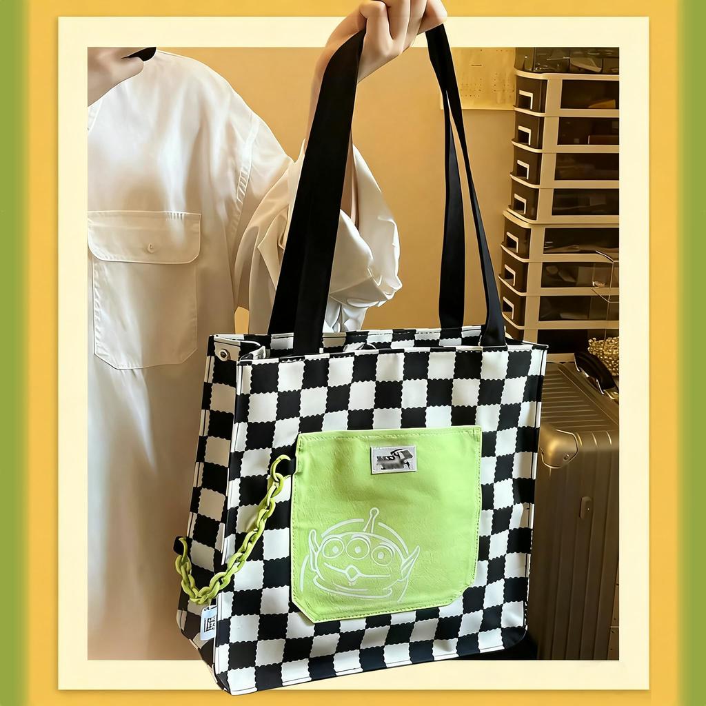 [hgTUP] Little Green Men Tote Bag, Canvas Tote Bag, Large Capacity, Alien Shoulder Bag, Canvas Tote Bag with Zipper and Interior Pocket, Eco Bag, Meet