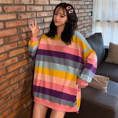 Women Hoodies Shirts Japan Candy Color Rainbow Stripes Loose Large Size Long Sleeve Thin Clothes