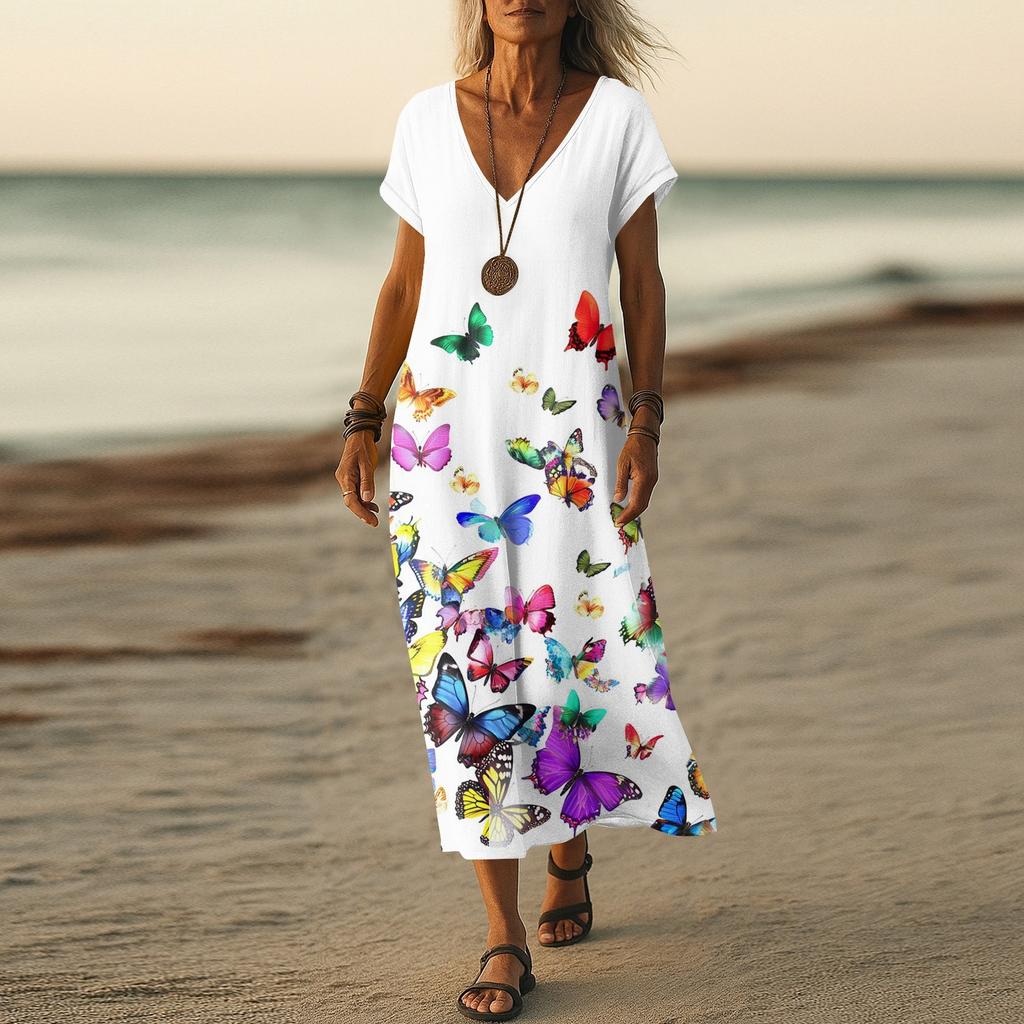 Letní šaty Dámské Dlouhé Boho Plážové šaty Elegantní Maxi šaty Výstřih do V Krátký rukáv Letní Tunikové šaty Lehké Vzdušné