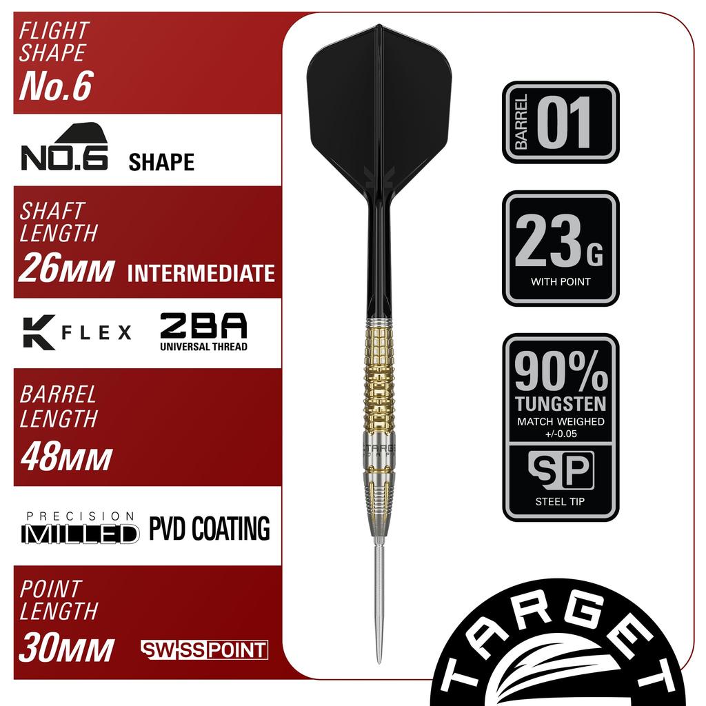 Target Japan BLACK MARQUE WARRIOR Lee Tae Kyung Tungsten Steel Tip Darts 6 Shape Flights and SWISS SILVER NANO POINT 30mm Mark 90% Set, 23g, K-Flex